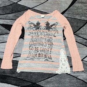 BUCKLE DAYTRIP STRIPED RHINESTONES DOVES V-NOTCH CROCHET LONG-SLEEVED SH…